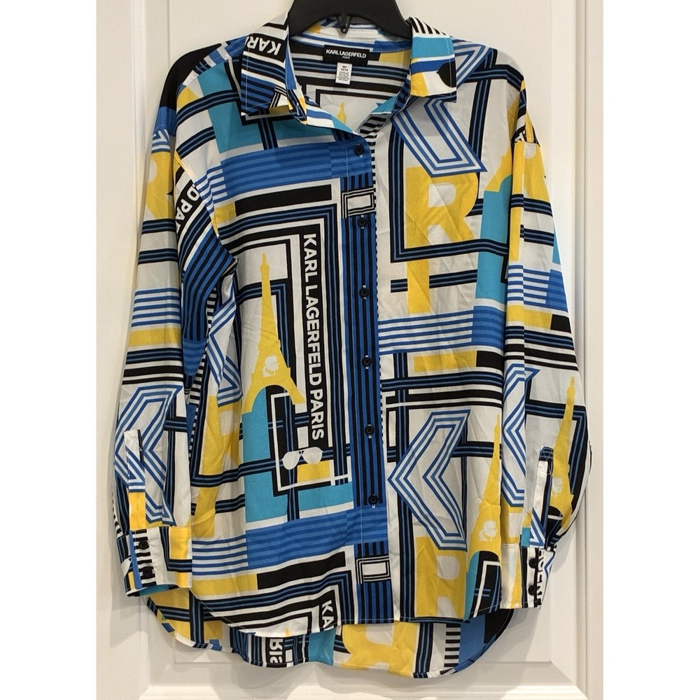 Karl Lagerfeld Paris Blouse Shirt Size M Geometrical Eiffel Tower Print Whimsy